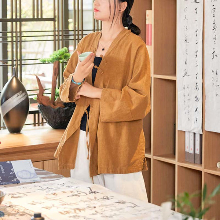 Buddha-Steine, Frosch-Knopf, Hanfu-Design, langärmeliger Mantel, Zen-Meditation, vorne offen, Oberteiljacke - image 14
