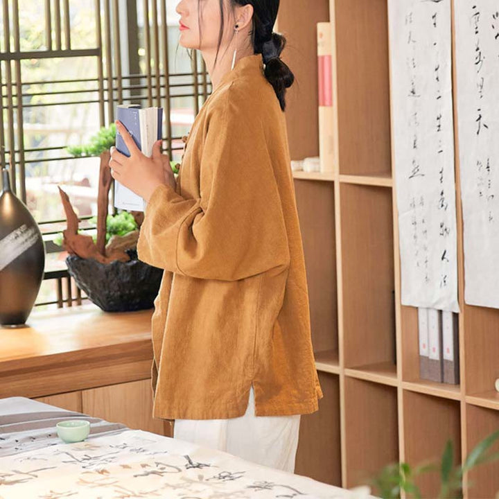 Buddha-Steine, Frosch-Knopf, Hanfu-Design, langärmeliger Mantel, Zen-Meditation, vorne offen, Oberteiljacke - image 15