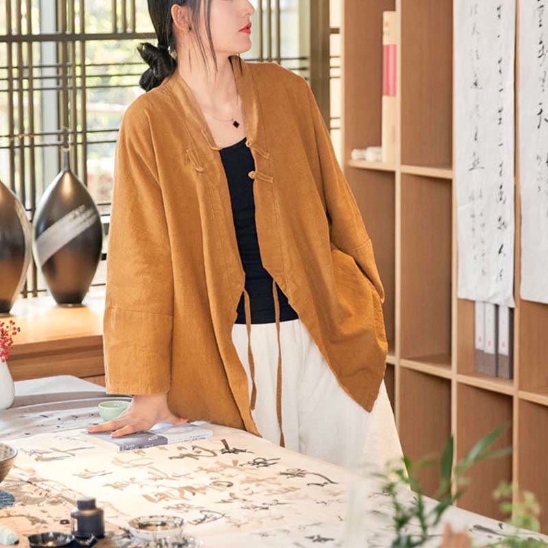 Buddha-Steine, Frosch-Knopf, Hanfu-Design, langärmeliger Mantel, Zen-Meditation, vorne offen, Oberteiljacke - image 12