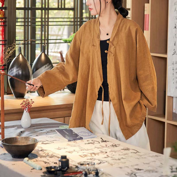 Buddha-Steine, Frosch-Knopf, Hanfu-Design, langärmeliger Mantel, Zen-Meditation, vorne offen, Oberteiljacke - image 9