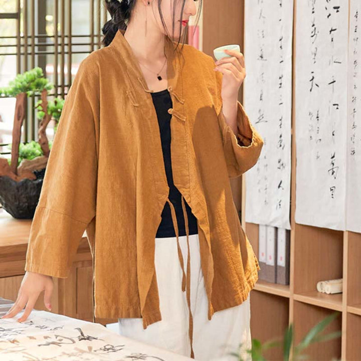Buddha-Steine, Frosch-Knopf, Hanfu-Design, langärmeliger Mantel, Zen-Meditation, vorne offen, Oberteiljacke - Gelb，US0-8/10， UK/AU4-12/14，EU32-40/42 (F) - image 8