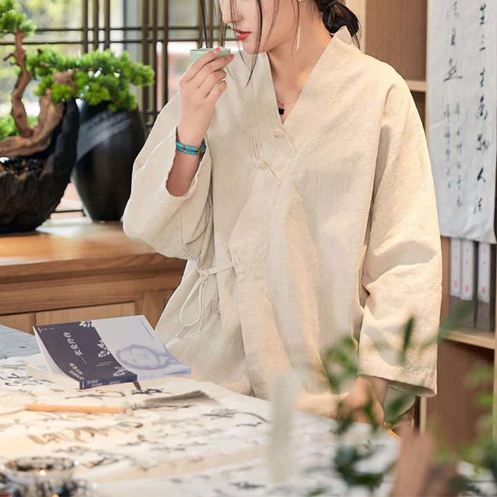 Buddha-Steine, Frosch-Knopf, Hanfu-Design, langärmeliger Mantel, Zen-Meditation, vorne offen, Oberteiljacke - Beige，US0-8/10， UK/AU4-12/14，EU32-40/42 (F) - image 16