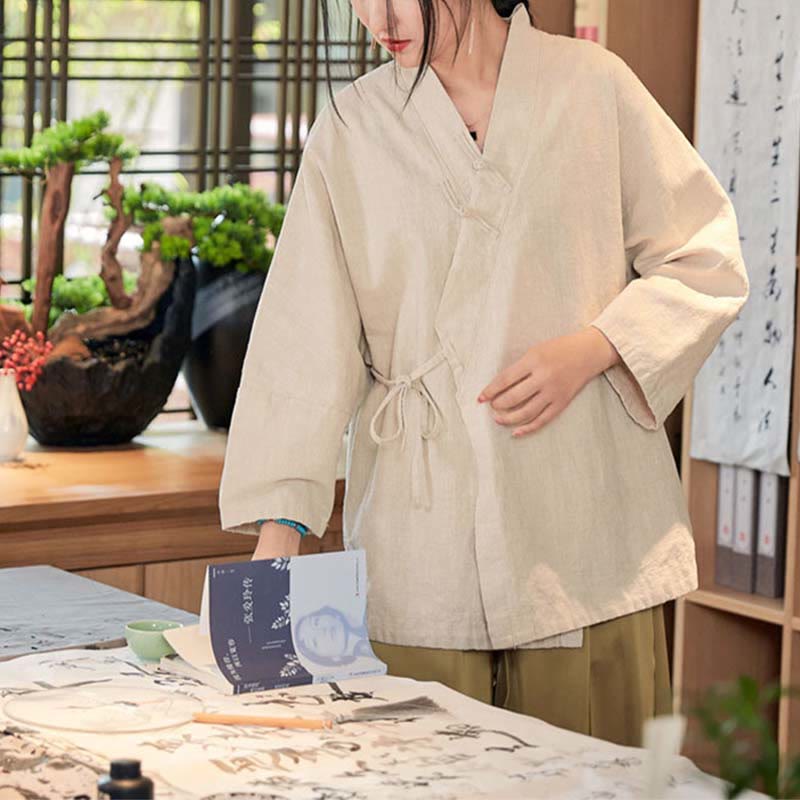 Buddha-Steine, Frosch-Knopf, Hanfu-Design, langärmeliger Mantel, Zen-Meditation, vorne offen, Oberteiljacke - image 19