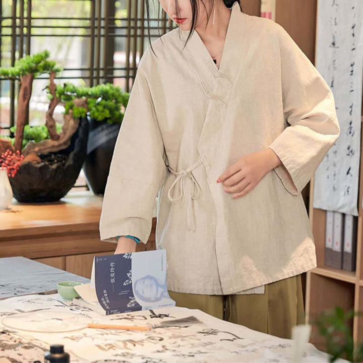Buddha-Steine, Frosch-Knopf, Hanfu-Design, langärmeliger Mantel, Zen-Meditation, vorne offen, Oberteiljacke - image 19