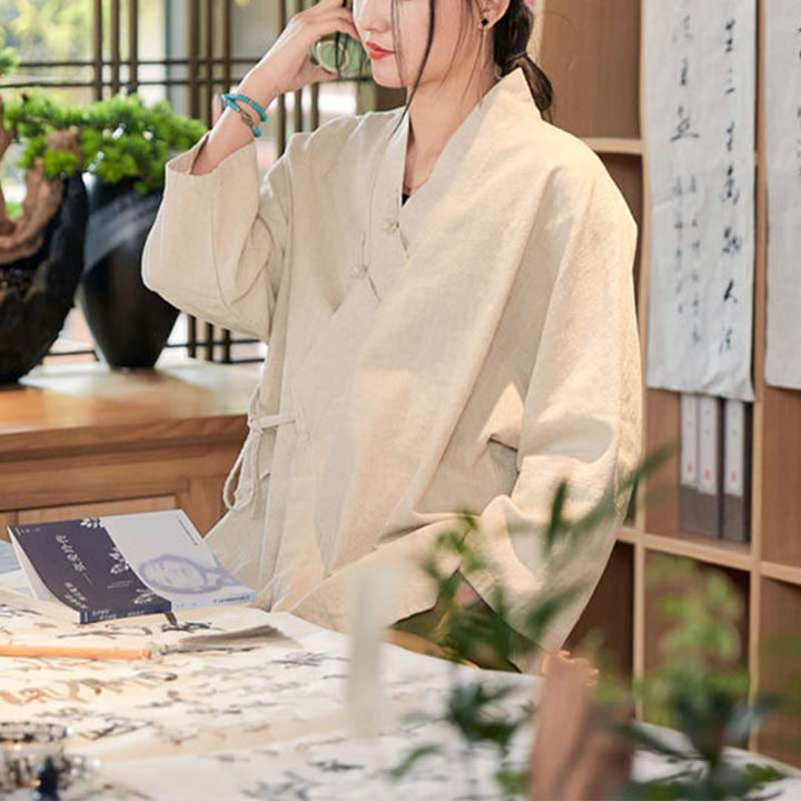 Buddha-Steine, Frosch-Knopf, Hanfu-Design, langärmeliger Mantel, Zen-Meditation, vorne offen, Oberteiljacke - image 20