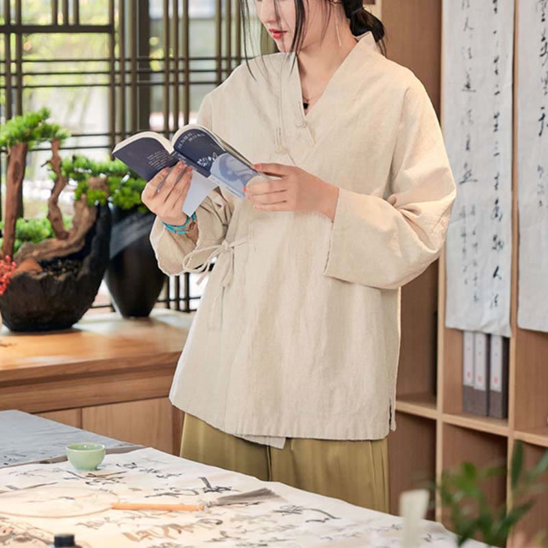Buddha-Steine, Frosch-Knopf, Hanfu-Design, langärmeliger Mantel, Zen-Meditation, vorne offen, Oberteiljacke - image 18