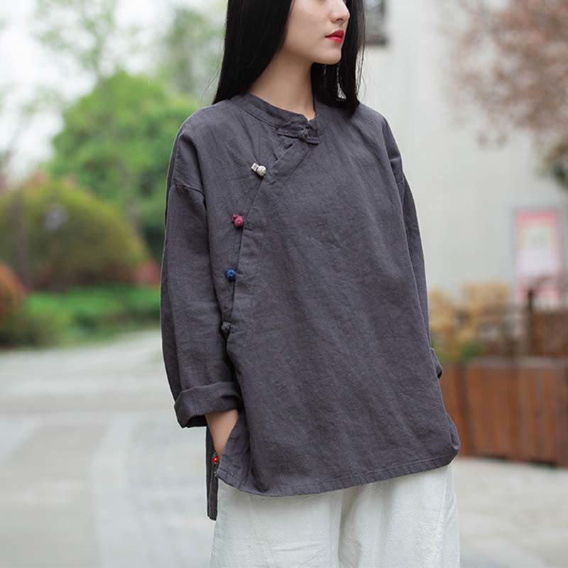 Buddha Stones Ramie Leinen Bluse Damen Shirt Top Chinesische Hanfu Stil Kleidung - Grau (Brustumfang 120 cm) (nur Oberteil) - image 0