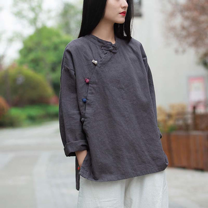 Buddha Stones Ramie Leinen Bluse Damen Shirt Top Chinesische Hanfu Stil Kleidung - Grau (Brustumfang 120 cm) (Nur Oberteil) - image 0