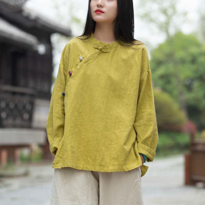 Buddha Stones Ramie Leinen Bluse Damen Shirt Top Chinesische Hanfu Stil Kleidung - Gelb (Brustumfang 120 cm) (nur Oberteil) - image 25