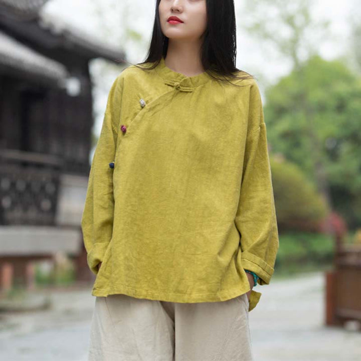 Buddha Stones Ramie Leinen Bluse Damen Shirt Top Chinesische Hanfu Stil Kleidung - Gelb (Brustumfang 120 cm) (nur Oberteil) - image 25