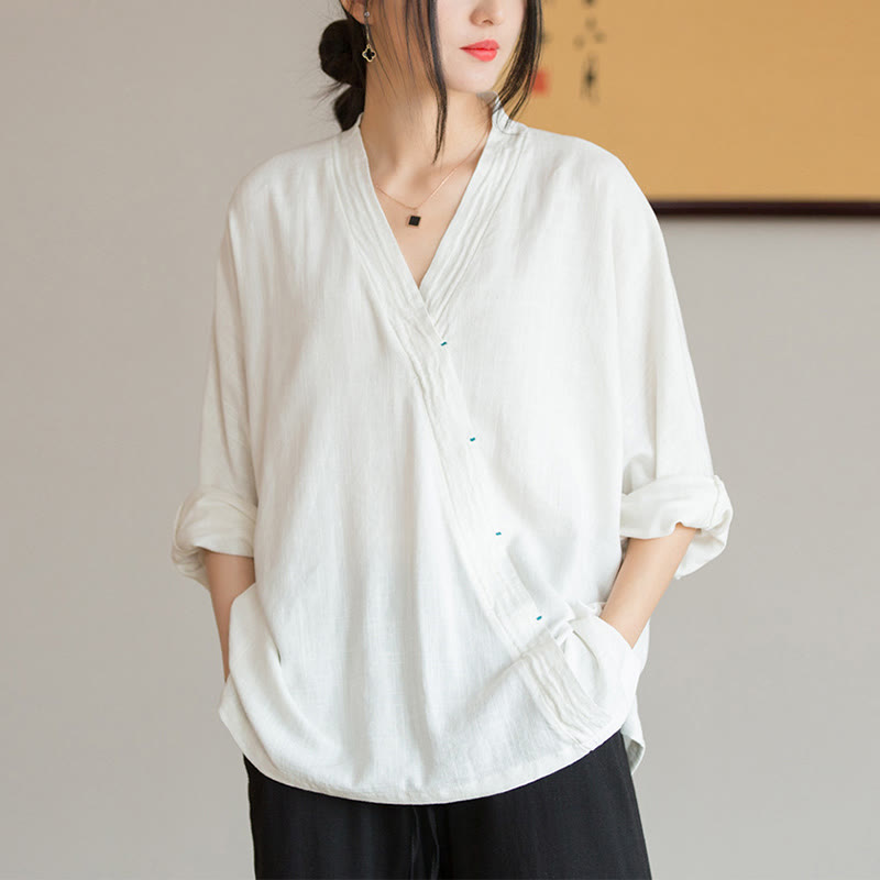 Buddha Stones V-Ausschnitt Bluse Damen Shirt Langarm Top Chinesische Kleidung im Hanfu-Stil - Weiß (Brustumfang 128 cm) (Nur Oberteil) - image 0