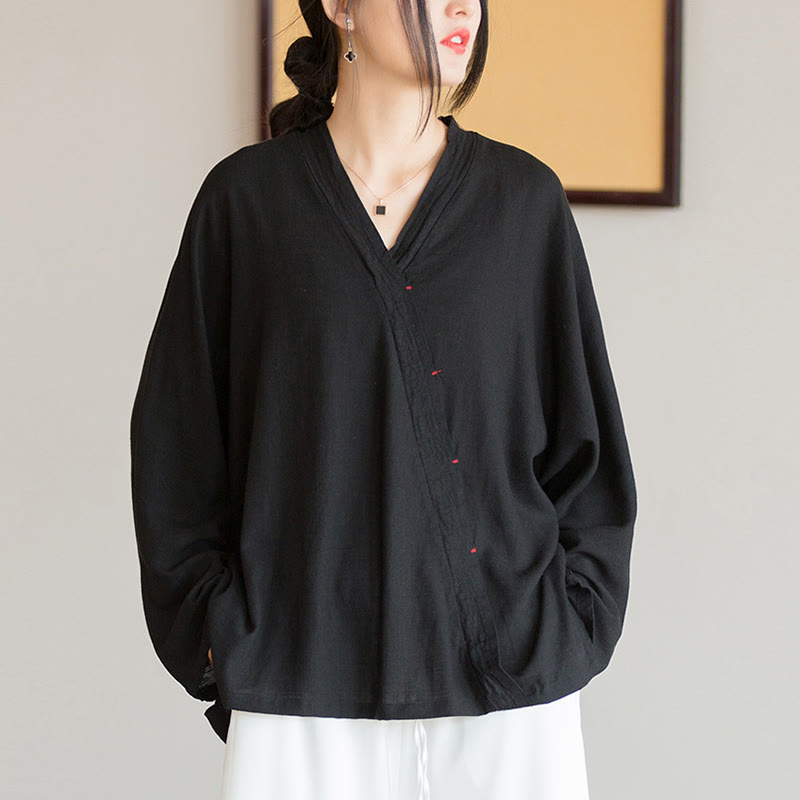 Buddha Stones V-Ausschnitt Bluse Damen Shirt Langarm Top Chinesische Kleidung im Hanfu-Stil - Schwarz (Brustumfang 128 cm) (Nur Oberteil) - image 13