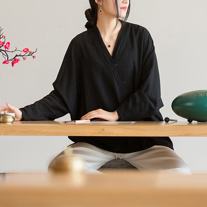 Buddha Stones V-Ausschnitt Bluse Damen Shirt Langarm Top Chinesische Kleidung im Hanfu-Stil - image 18