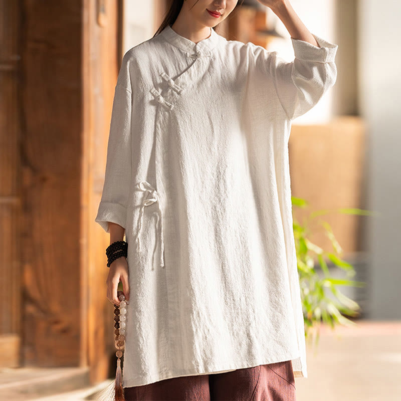 Buddha Stones Vintage Baumwollleinen Bluse Damen Langarmshirt Chinesisches Hanfu Top - Beige (Brustumfang 130 cm) (nur Oberteil) - image 0