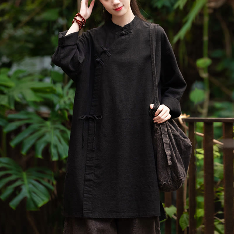 Buddha Stones Vintage Baumwollleinen Bluse Damen Langarmshirt Chinesisches Hanfu Top - Schwarz (Brustumfang 130 cm) (nur Oberteil) - image 15