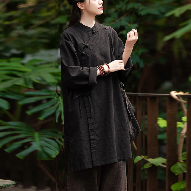 Buddha Stones Vintage Baumwollleinen Bluse Damen Langarmshirt Chinesisches Hanfu Top - image 16