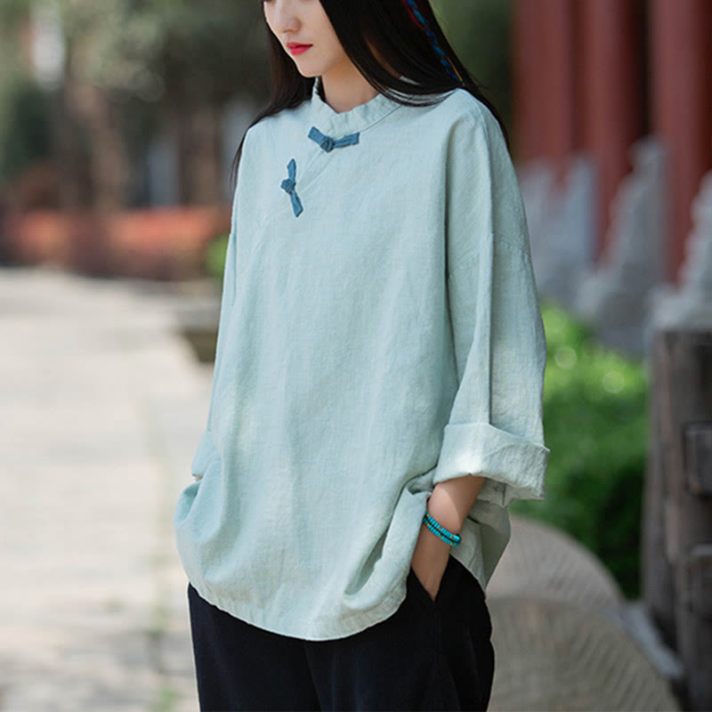 Buddha Stones Ramie Leinen Lose Bluse Damen Langarmshirt Chinesisches Hanfu Top - Grün (Brustumfang 132 cm) (nur Oberteil) - image 0