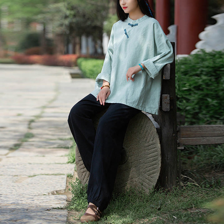Buddha Stones Ramie Leinen Lose Bluse Damen Langarmshirt Chinesisches Hanfu Top - image 3