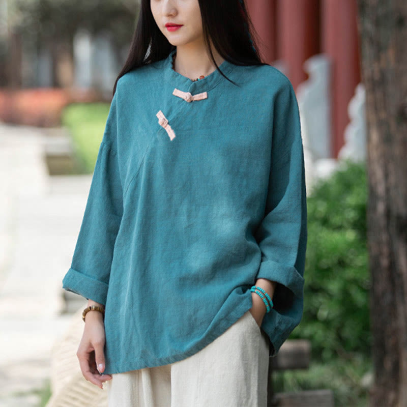 Buddha Stones Ramie Leinen Lose Bluse Damen Langarmshirt Chinesisches Hanfu Top - Cyan (Brustumfang 132 cm) (nur Oberteil) - image 19