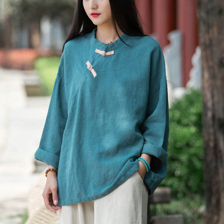Buddha Stones Ramie Leinen Lose Bluse Damen Langarmshirt Chinesisches Hanfu Top - Cyan (Brustumfang 132 cm) (nur Oberteil) - image 19