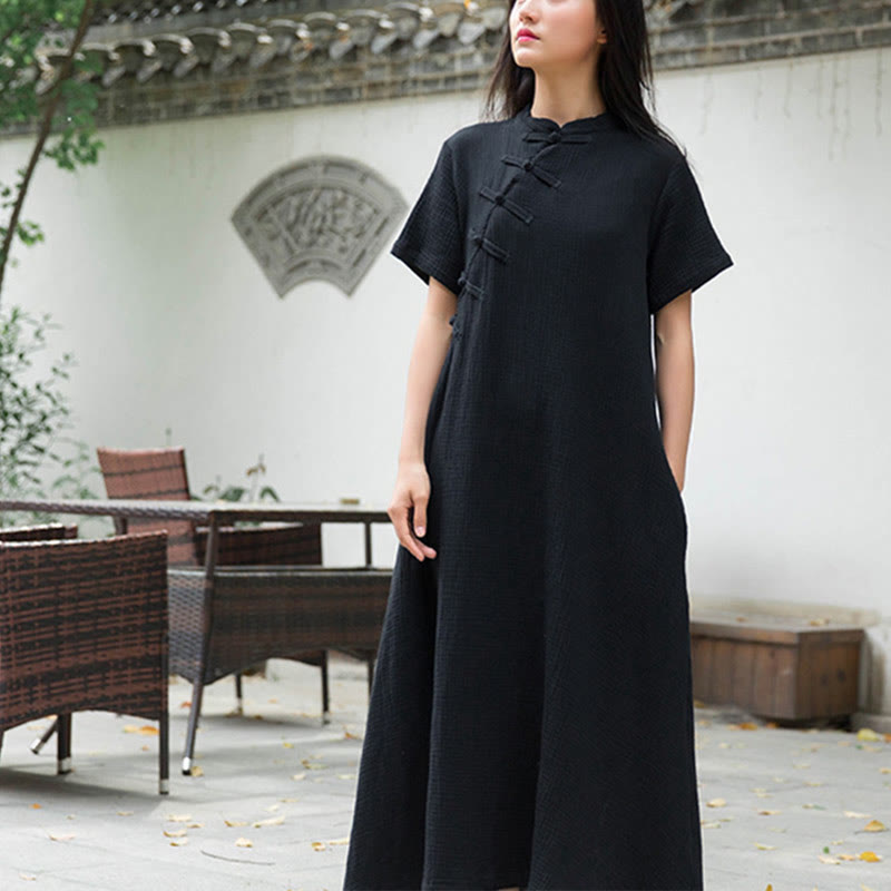 Buddha Stones – Midikleid mit Froschknöpfen, kurzärmliges Kleid aus Baumwollleinen mit Taschen - image 1
