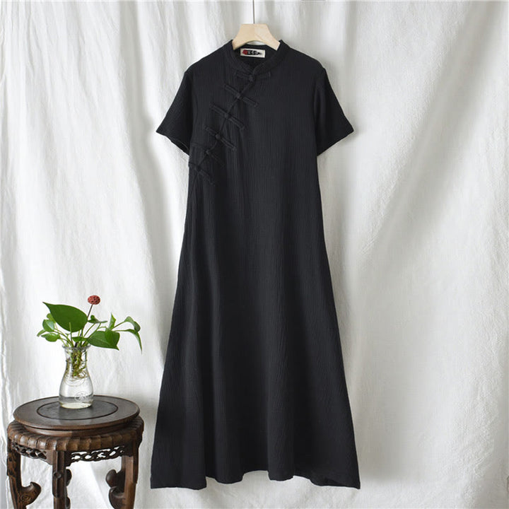 Buddha Stones – Midikleid mit Froschknöpfen, kurzärmliges Kleid aus Baumwollleinen mit Taschen - image 8