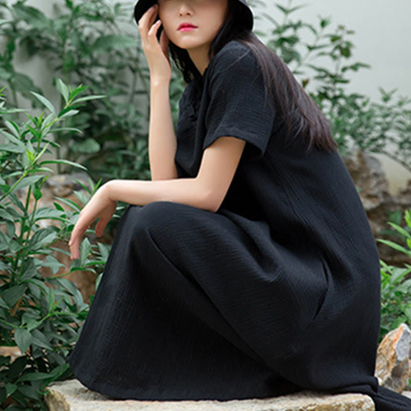 Buddha Stones – Midikleid mit Froschknöpfen, kurzärmliges Kleid aus Baumwollleinen mit Taschen - image 6