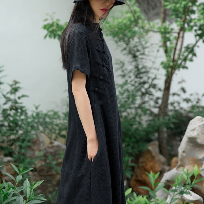Buddha Stones – Midikleid mit Froschknöpfen, kurzärmliges Kleid aus Baumwollleinen mit Taschen - image 3