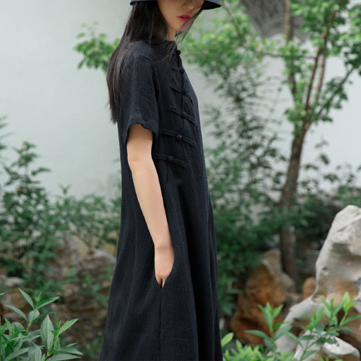 Buddha Stones – Midikleid mit Froschknöpfen, kurzärmliges Kleid aus Baumwollleinen mit Taschen - image 3