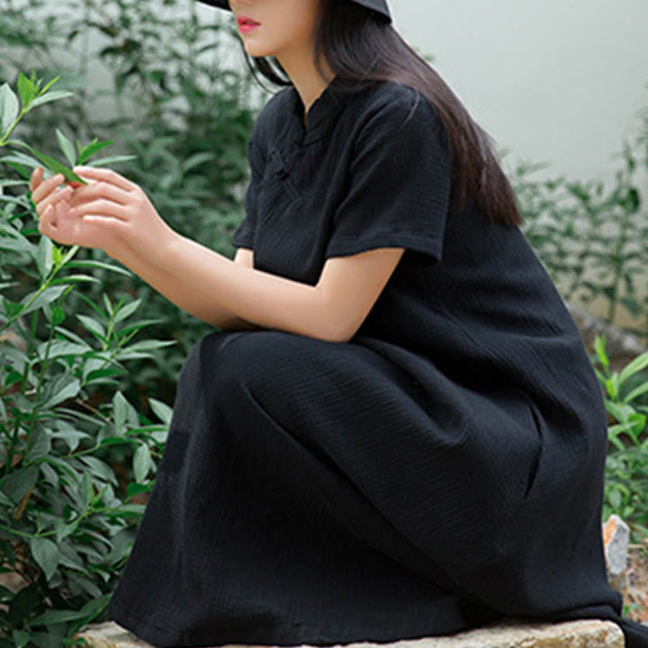 Buddha Stones – Midikleid mit Froschknöpfen, kurzärmliges Kleid aus Baumwollleinen mit Taschen - image 7