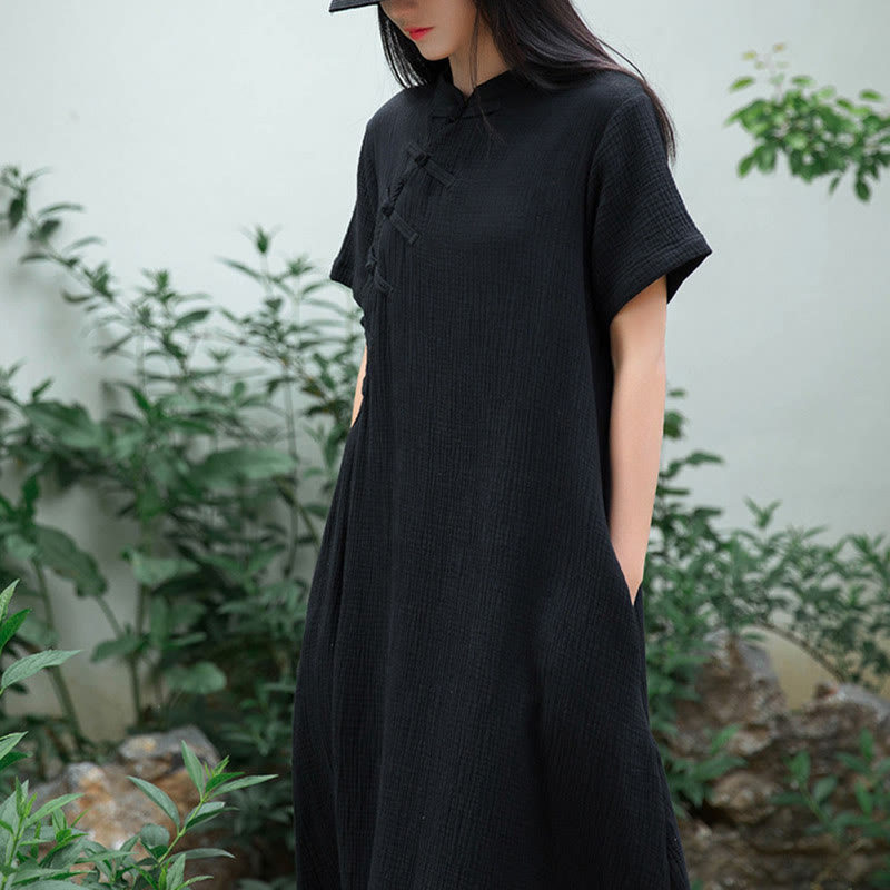 Buddha Stones – Midikleid mit Froschknöpfen, kurzärmliges Kleid aus Baumwollleinen mit Taschen - image 5