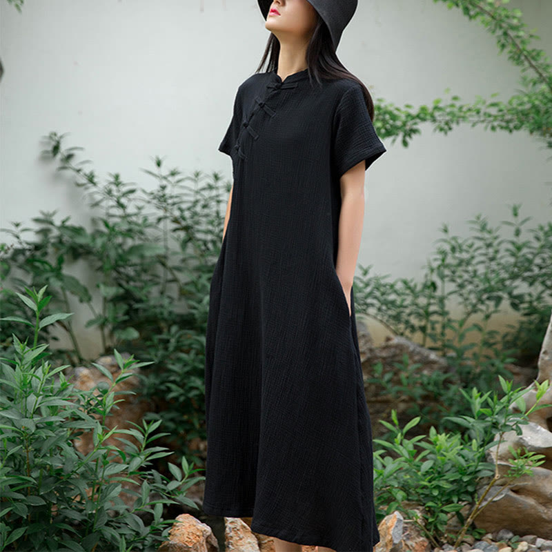 Buddha Stones – Midikleid mit Froschknöpfen, kurzärmliges Kleid aus Baumwollleinen mit Taschen - image 2