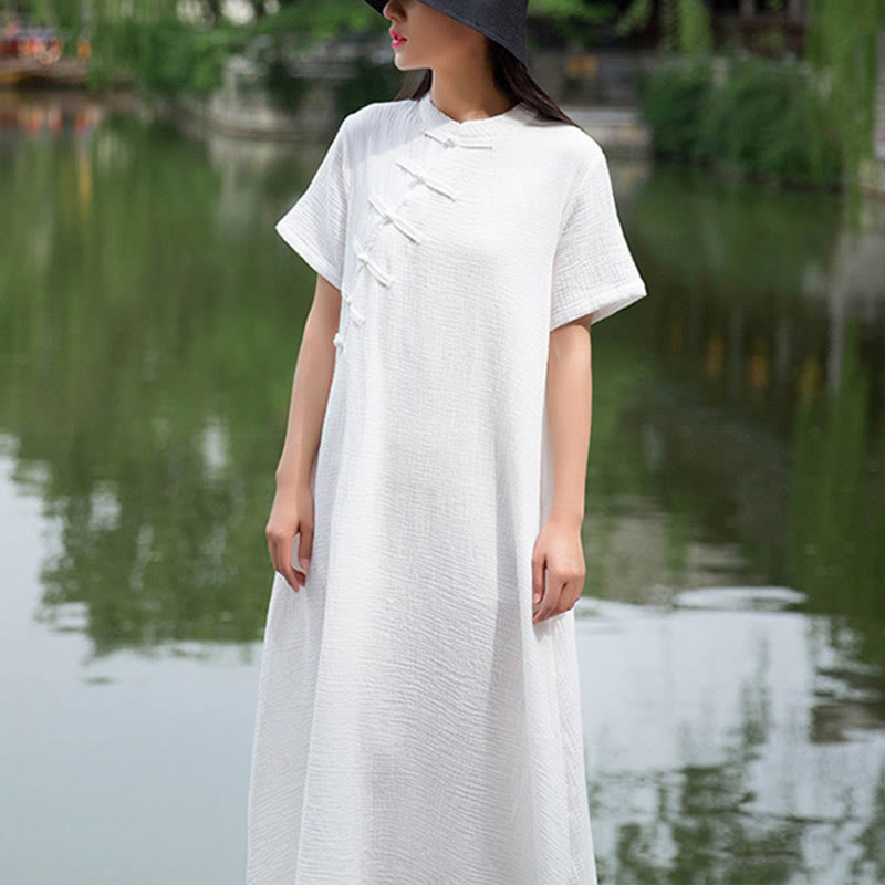 Buddha Stones – Midikleid mit Froschknöpfen, kurzärmliges Kleid aus Baumwollleinen mit Taschen - Weiß (Brustumfang 96 cm/Länge 119 cm) (Nur Kleid) - image 9