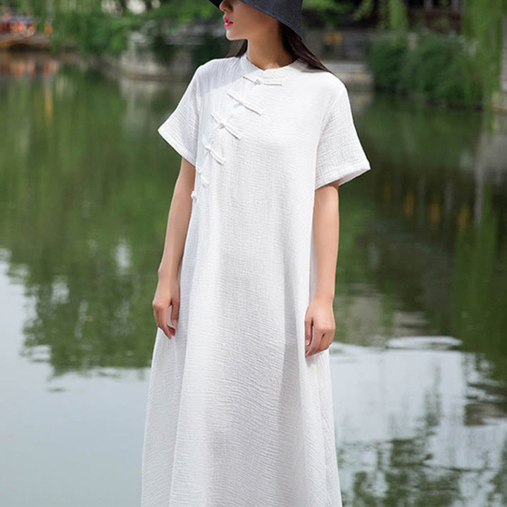 Buddha Stones – Midikleid mit Froschknöpfen, kurzärmliges Kleid aus Baumwollleinen mit Taschen - Weiß (Brustumfang 96 cm/Länge 119 cm) (Nur Kleid) - image 9