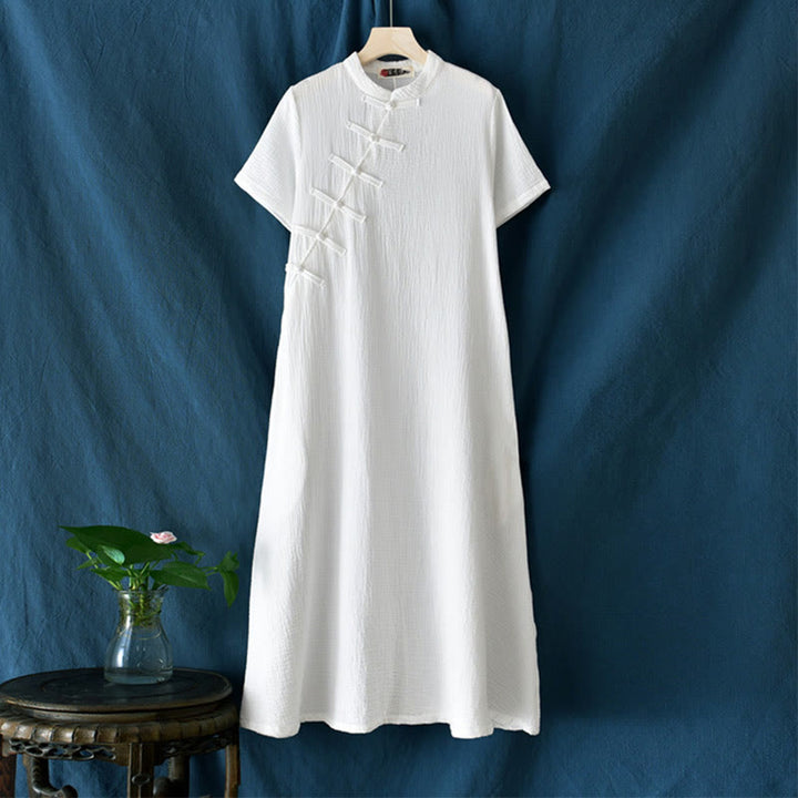 Buddha Stones – Midikleid mit Froschknöpfen, kurzärmliges Kleid aus Baumwollleinen mit Taschen - image 26