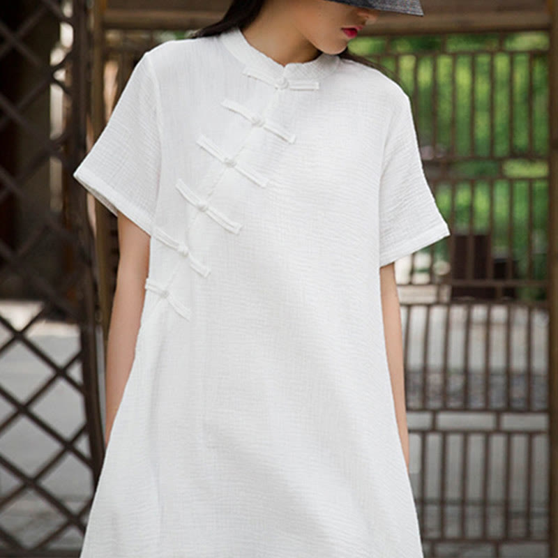 Buddha Stones – Midikleid mit Froschknöpfen, kurzärmliges Kleid aus Baumwollleinen mit Taschen - image 15