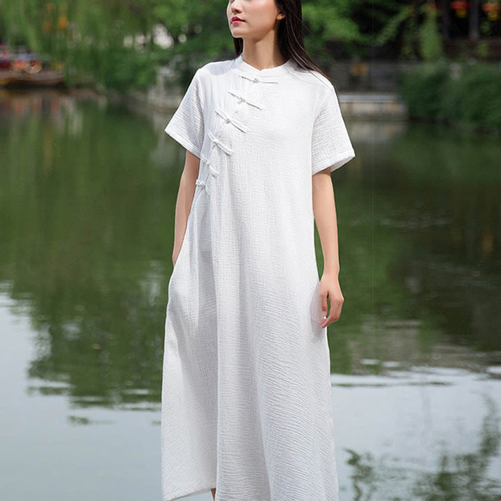 Buddha Stones – Midikleid mit Froschknöpfen, kurzärmliges Kleid aus Baumwollleinen mit Taschen - image 10