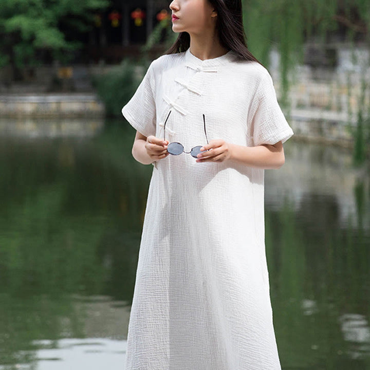 Buddha Stones – Midikleid mit Froschknöpfen, kurzärmliges Kleid aus Baumwollleinen mit Taschen - image 14