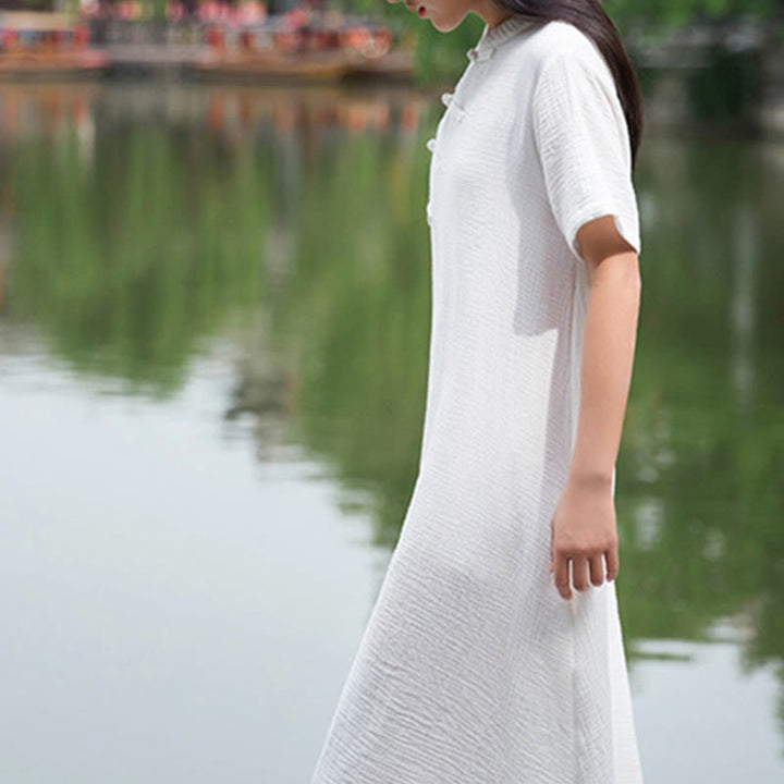 Buddha Stones – Midikleid mit Froschknöpfen, kurzärmliges Kleid aus Baumwollleinen mit Taschen - image 18