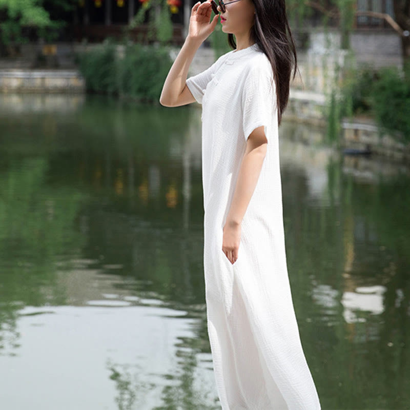 Buddha Stones – Midikleid mit Froschknöpfen, kurzärmliges Kleid aus Baumwollleinen mit Taschen - image 19