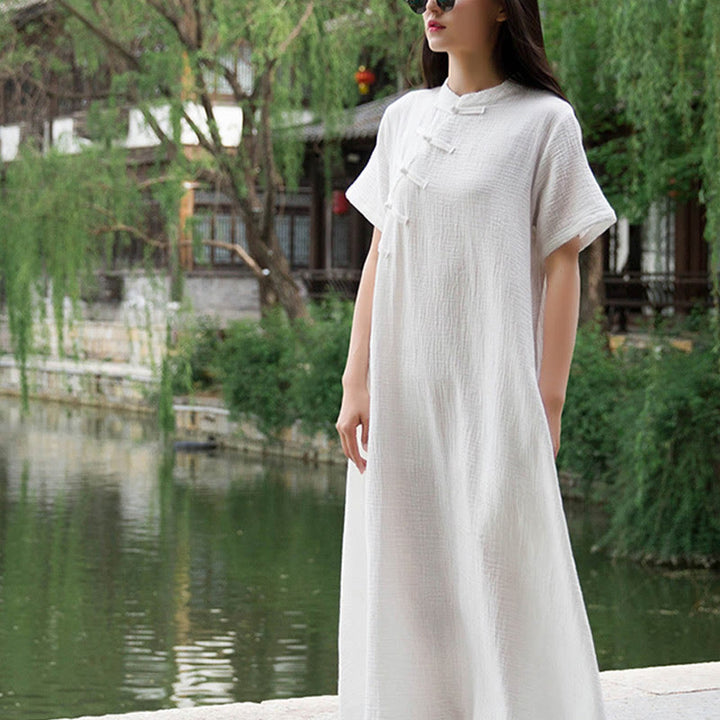 Buddha Stones – Midikleid mit Froschknöpfen, kurzärmliges Kleid aus Baumwollleinen mit Taschen - image 11