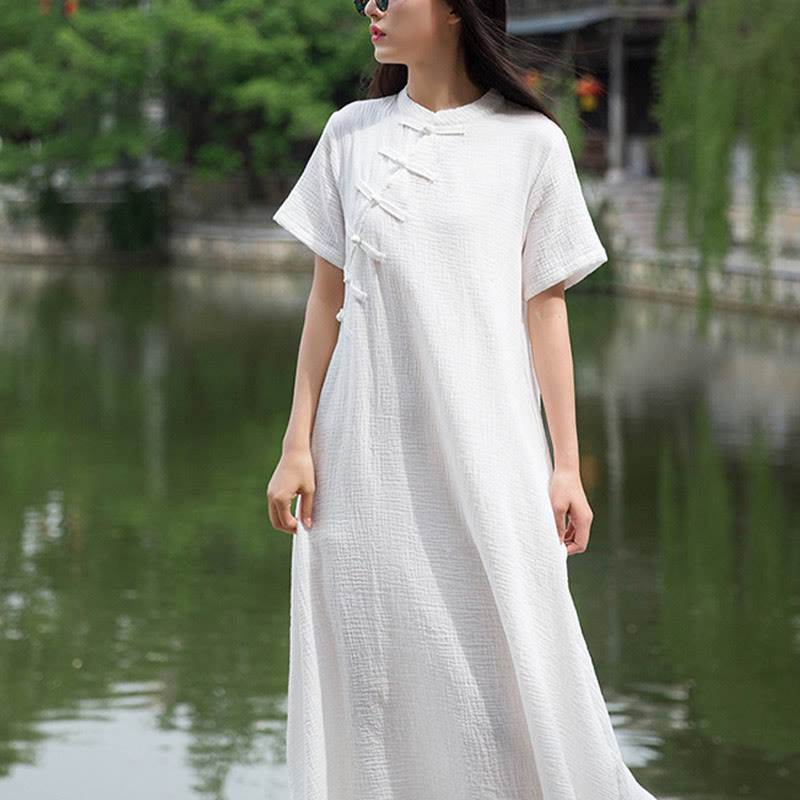 Buddha Stones – Midikleid mit Froschknöpfen, kurzärmliges Kleid aus Baumwollleinen mit Taschen - image 12