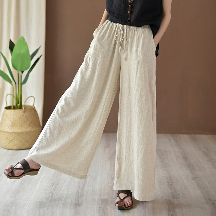 Buddha Stones – Lockere Hose aus Baumwollleinen mit Kordelzug und weitem Bein und Taschen - Beige - US4, UK/AU8, EU36 (L) - image 0