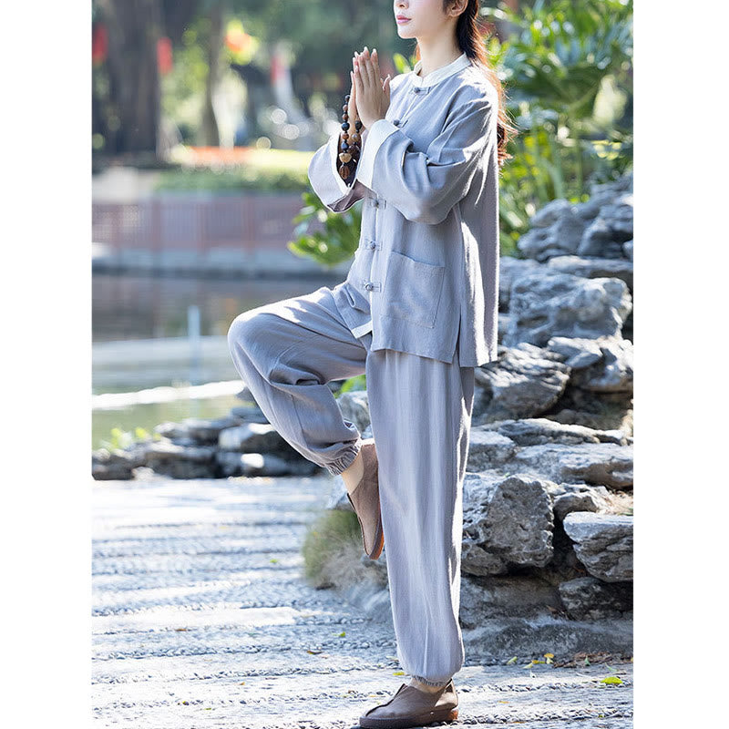 Buddha-Steine, Frosch-Knopf, Meditation, Gebet, spirituelle Zen-Praxis, Tai Chi, Uniform, Kleidung, Damen-Set