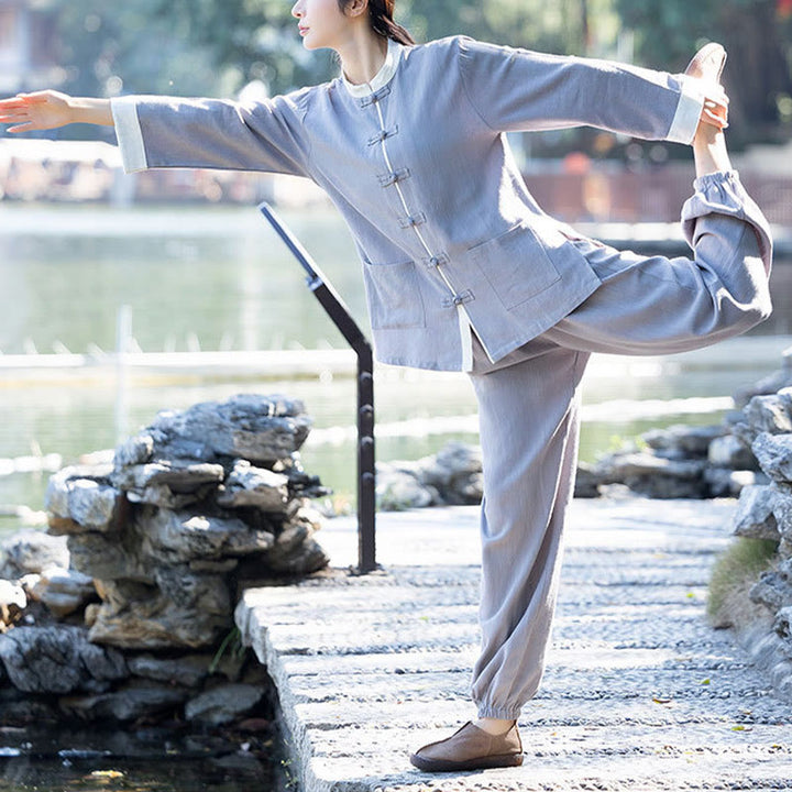 Buddha-Steine, Frosch-Knopf, Meditation, Gebet, spirituelle Zen-Praxis, Tai Chi, Uniform, Kleidung, Damen-Set