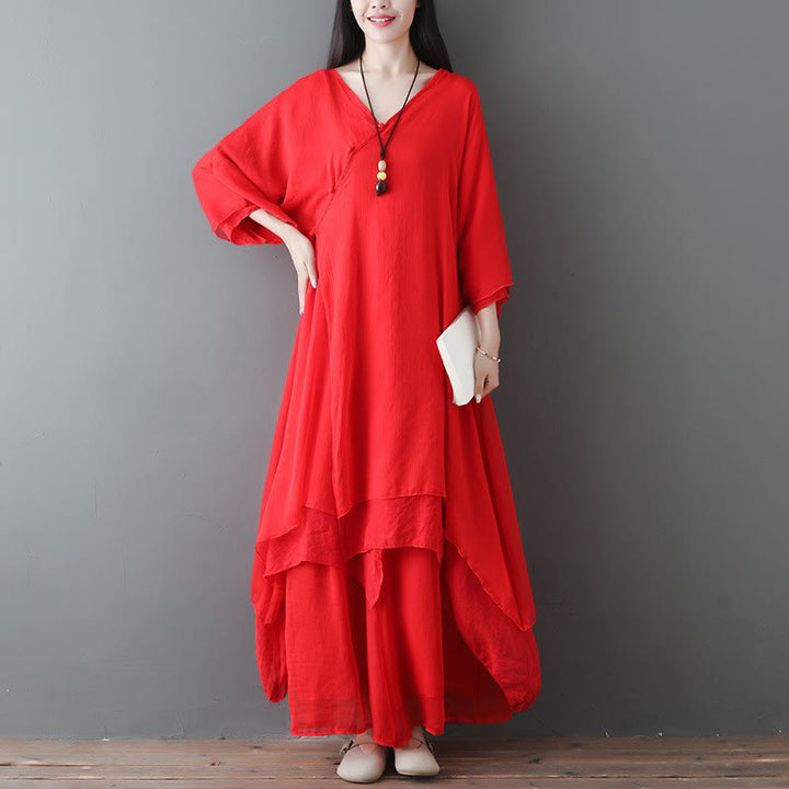 Buddha Stones ​​V-Ausschnitt Midi-Tunikakleid mit weitem Bein, geeignet für Meditation, Zen-Übungen und Tanz - 2-teiliges rotes Set (Kleid & Hose) - US12, UK/AU16, EU44 (2XL) - image 7