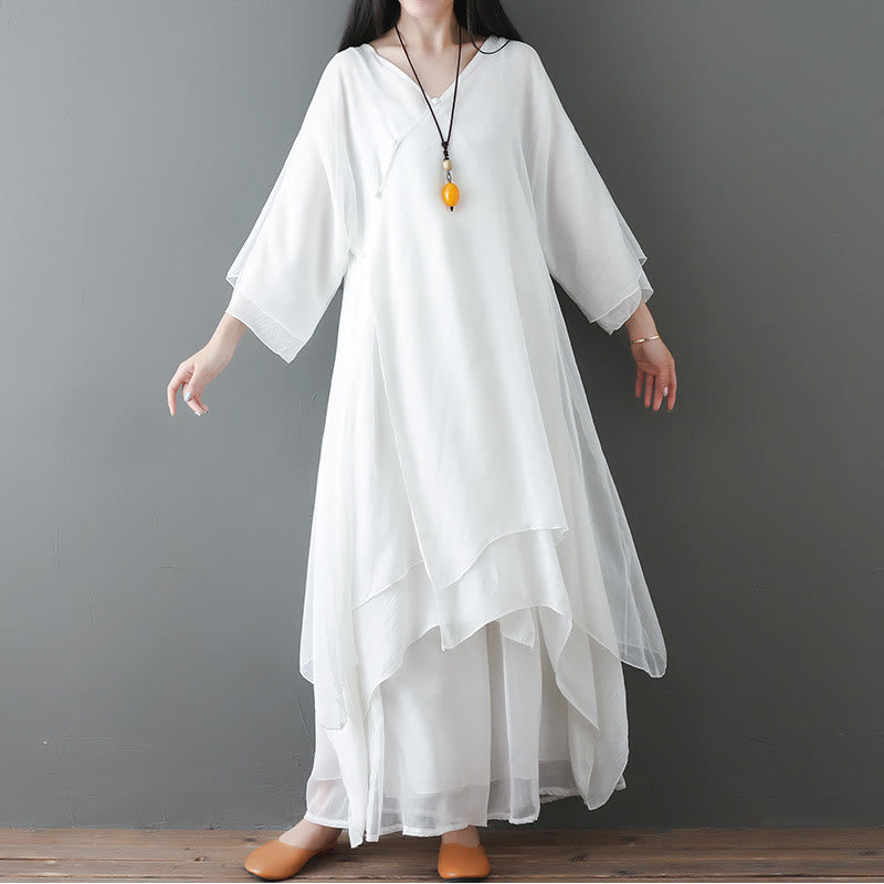 Buddha Stones ​​V-Ausschnitt Midi-Tunikakleid mit weitem Bein, geeignet für Meditation, Zen-Übungen und Tanz - 2-teiliges weißes Set (Kleid & Hose) - US12, UK/AU16, EU44 (2XL) - image 0