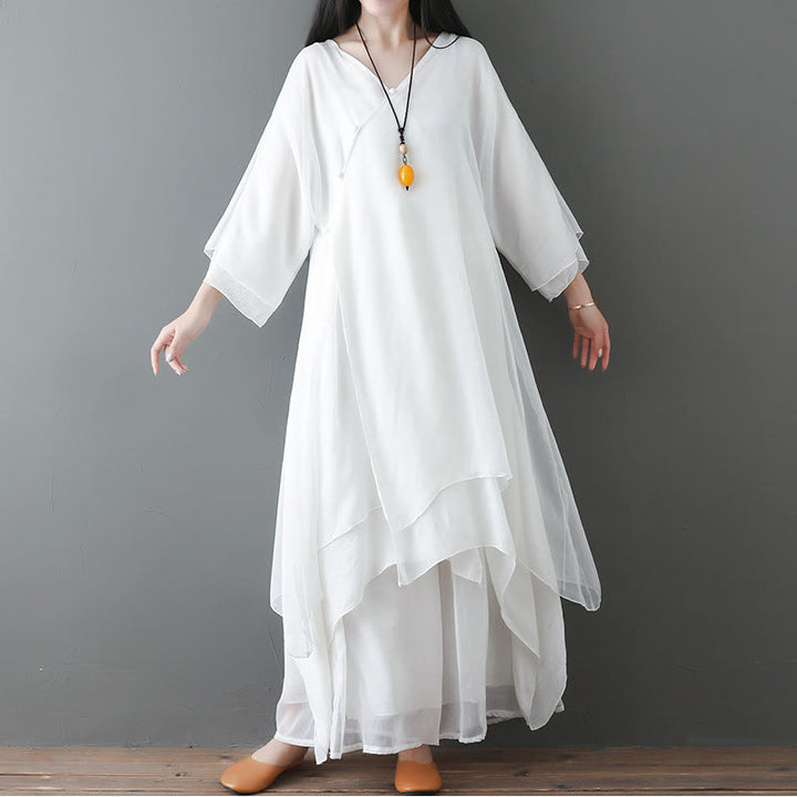 Buddha Stones ​​V-Ausschnitt Midi-Tunikakleid mit weitem Bein, geeignet für Meditation, Zen-Übungen und Tanz - 2-teiliges weißes Set (Kleid & Hose) - US12, UK/AU16, EU44 (2XL) - image 0