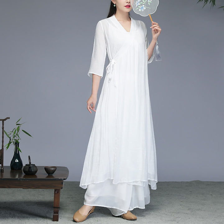 Midikleid im Hanfu-Stil mit Buddha-Steinen, Hose mit weitem Bein, Meditation, Zen-Praxis, Yoga, Tanzkleidung