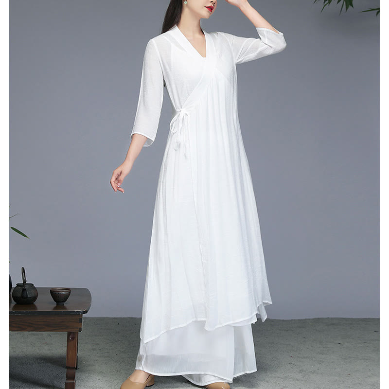 Buddha Stones ​​Hanfu-Stil Midikleid mit weitem Bein, Kleidung für Meditation, Zen-Praxis, Yoga und Tanz - image 9